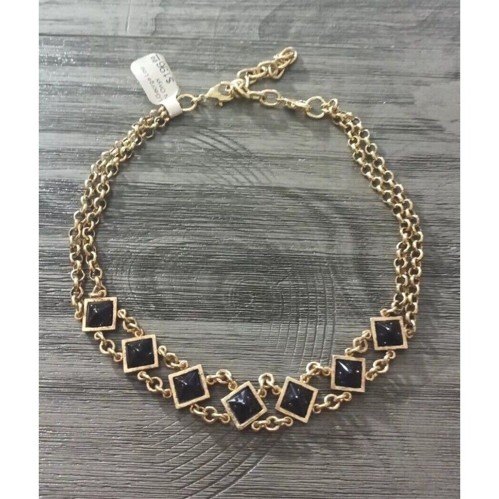 L George Lou Onyx Gold Tone Double Chain Choker Necklace New